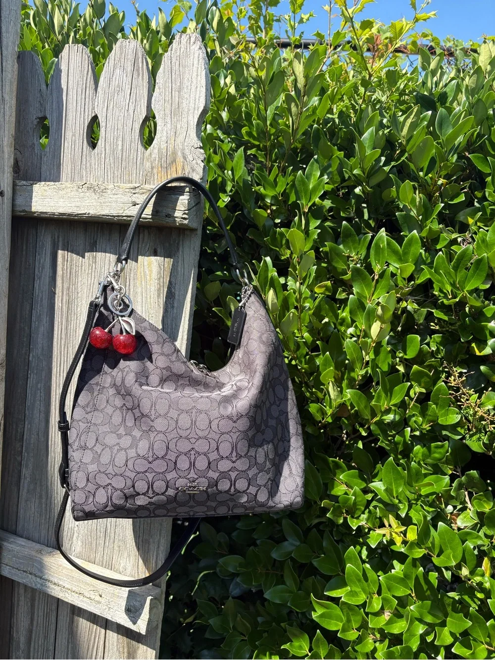 Coach Gray Signature Jacquard Shoulder Bag with Cherry Charm